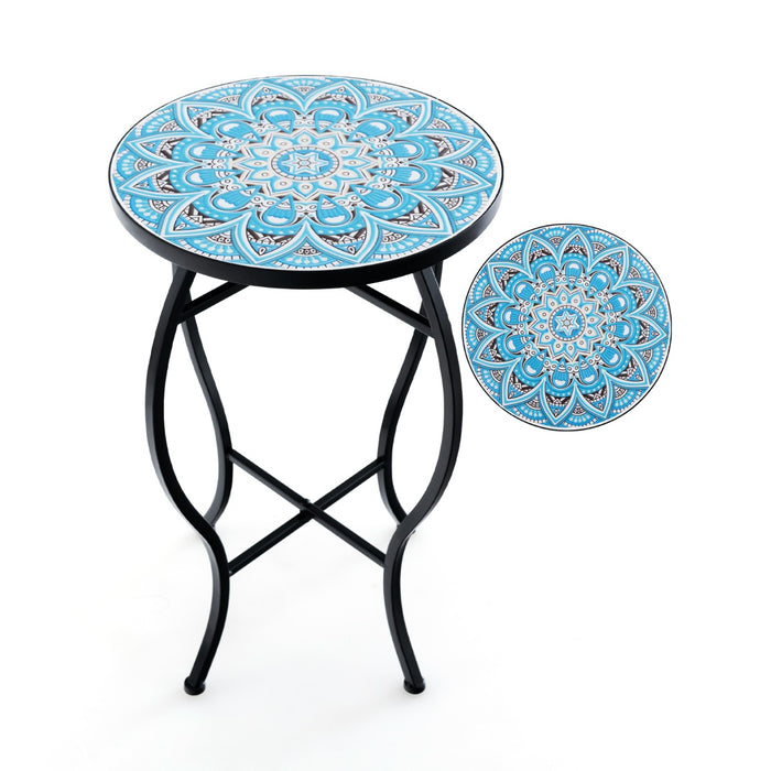 Round Patio Furniture - 35 cm End Table with Ceramic Tile Top - Ideal for Outdoor Relaxation and Entertainment