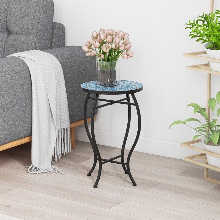 Round Patio Furniture - 35 cm End Table with Ceramic Tile Top - Ideal for Outdoor Relaxation and Entertainment