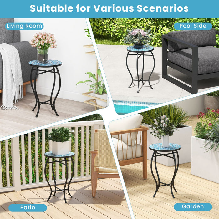 Round Patio Furniture - 35 cm End Table with Ceramic Tile Top - Ideal for Outdoor Relaxation and Entertainment