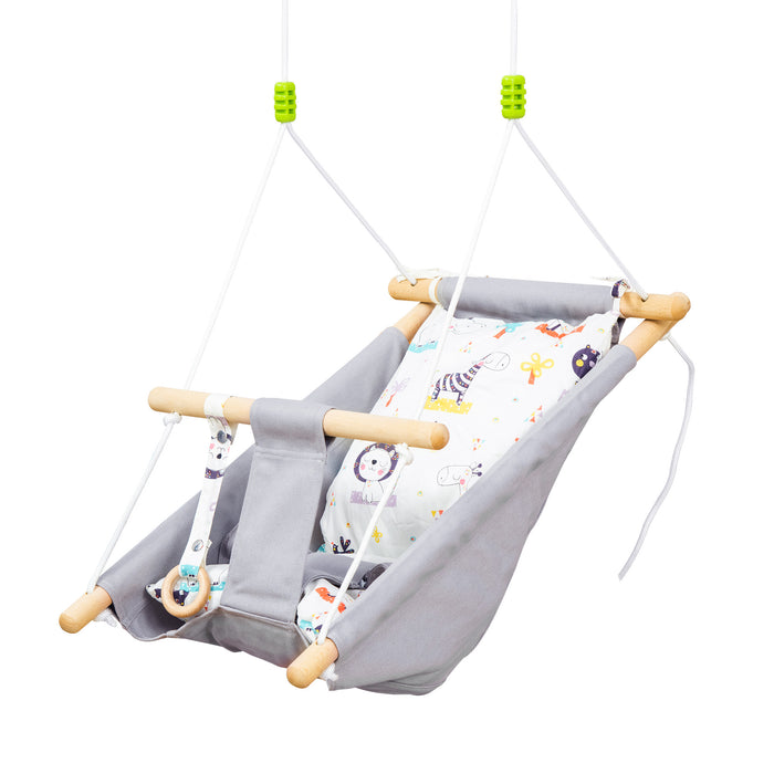 Kids' Cotton-Padded Hammock Chair - Indoor/Outdoor Hanging Swing with Wooden Frame and Pillow - Perfect Relaxation Spot for Babies Aged 6-36 Months, Grey