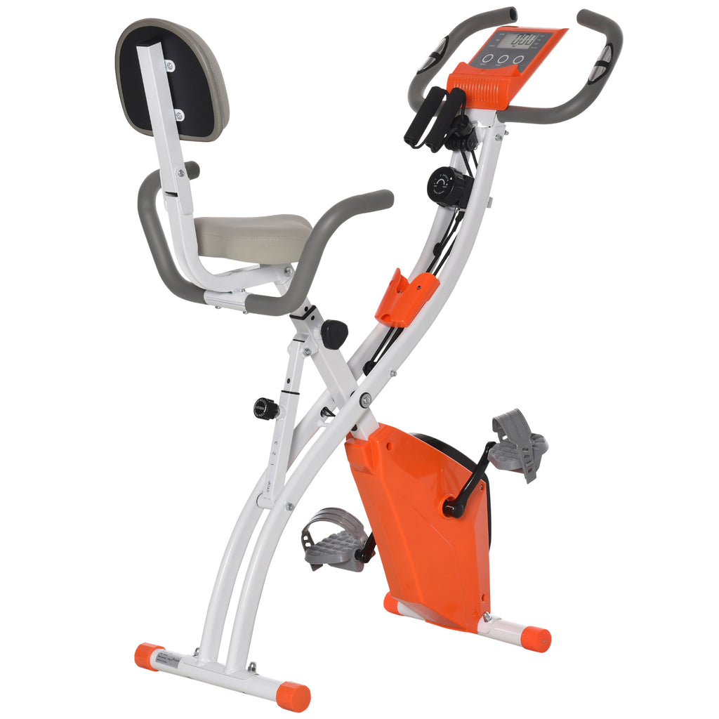 Foldable 2-in-1 Upright & Recumbent Exercise Bike - Magnetic Stationary Cycling with Arm Resistance Bands, Orange - Ideal for Full-Body Home Workouts