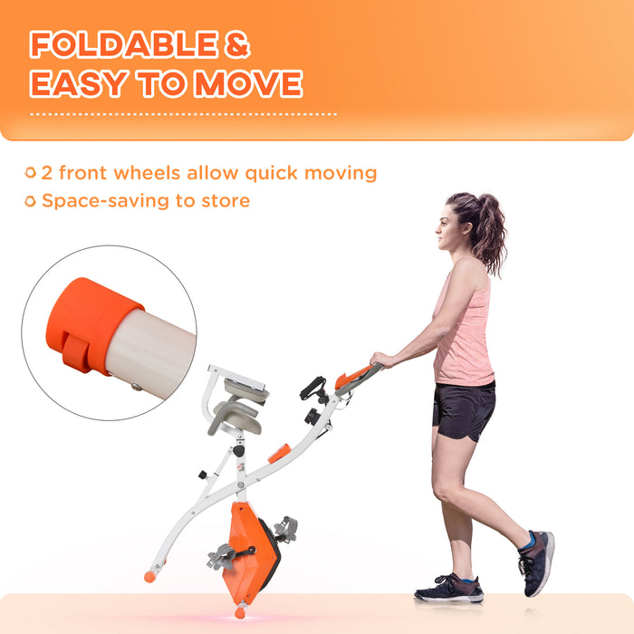 Foldable 2-in-1 Upright & Recumbent Exercise Bike - Magnetic Stationary Cycling with Arm Resistance Bands, Orange - Ideal for Full-Body Home Workouts