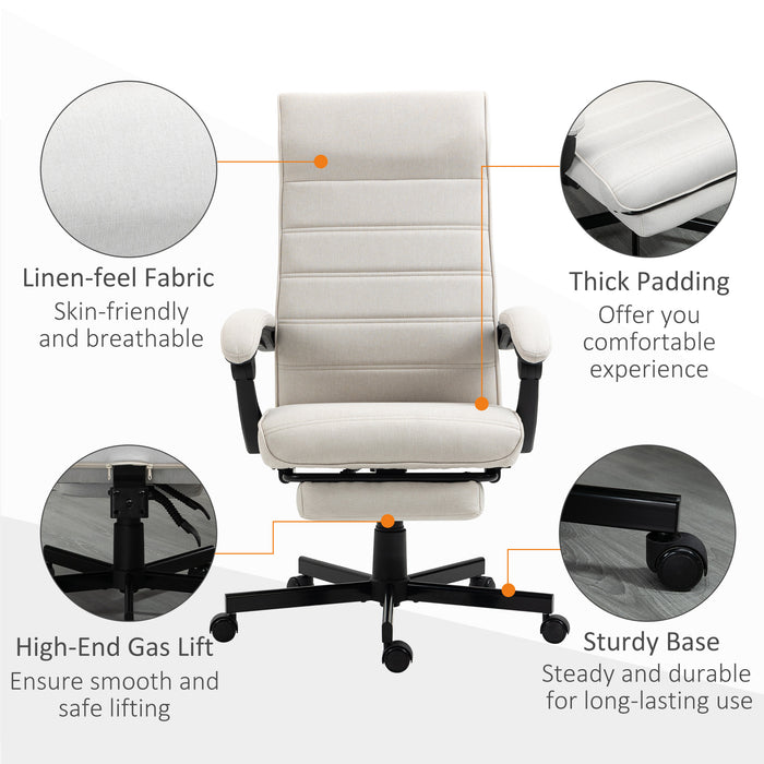 High-Back Linen Executive Chair - Swivel & Reclining Office Furniture with Adjustable Height and Footrest - Comfortable Padded Armrests for Home or Work Spaces in Cream White