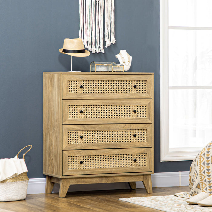 4-Drawer Rattan Storage Cabinet - Wooden Finish, Bedroom & Living Room Organizer, 80x35x95cm - Stylish Decluttering Solution