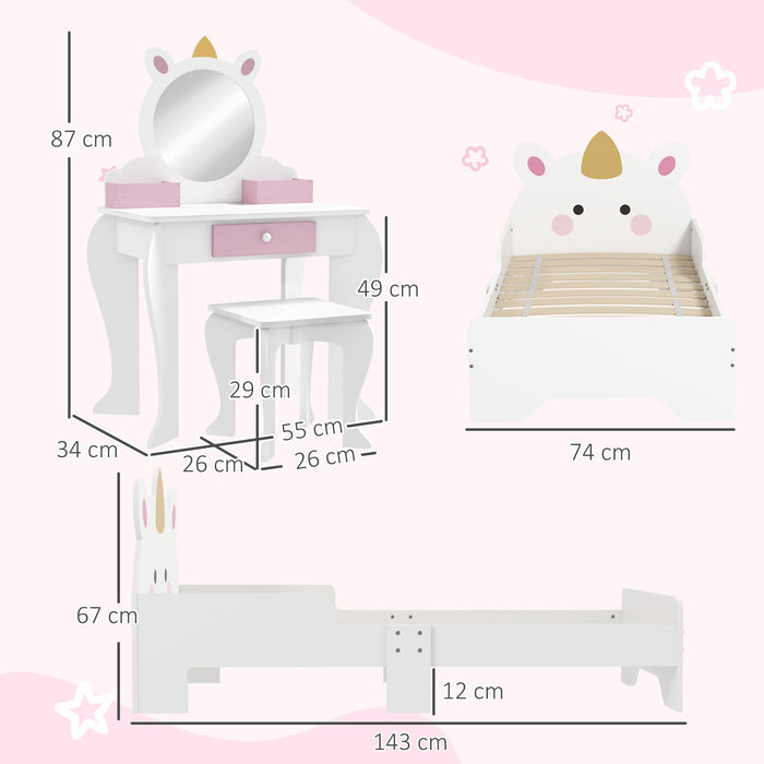 Unicorn-Themed Kids Bedroom Set - Dressing Table with Mirror and Stool, Toddler Bed Frame - Perfect for Ages 3-6