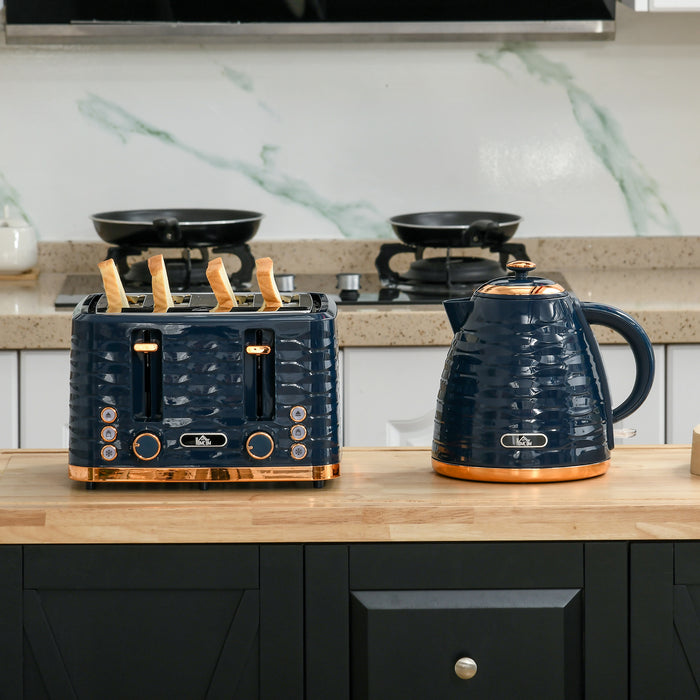 3000W 1.7L Fast-Heating Electric Kettle & Efficient 4-Slice Toaster - Complete Breakfast Station with Variable Browning Settings and Removable Crumb Tray, Blue - Ideal for Busy Families and Morning Convenience