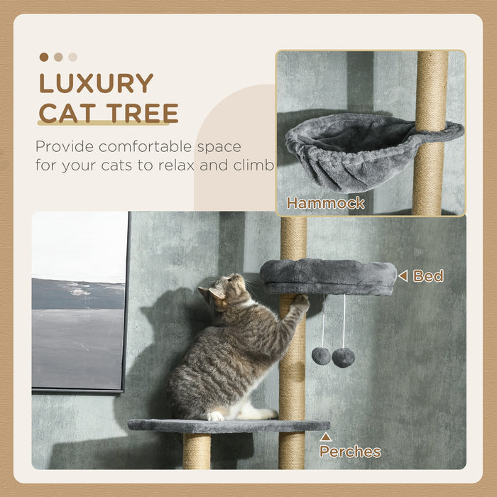 6-Tier Play Tower Climbing Activity Center - Durable Floor to Ceiling Cat Tree with Scratching Post, Hammock, Adjustable Height 230-250cm - Ideal for Feline Play and Relaxation in Grey