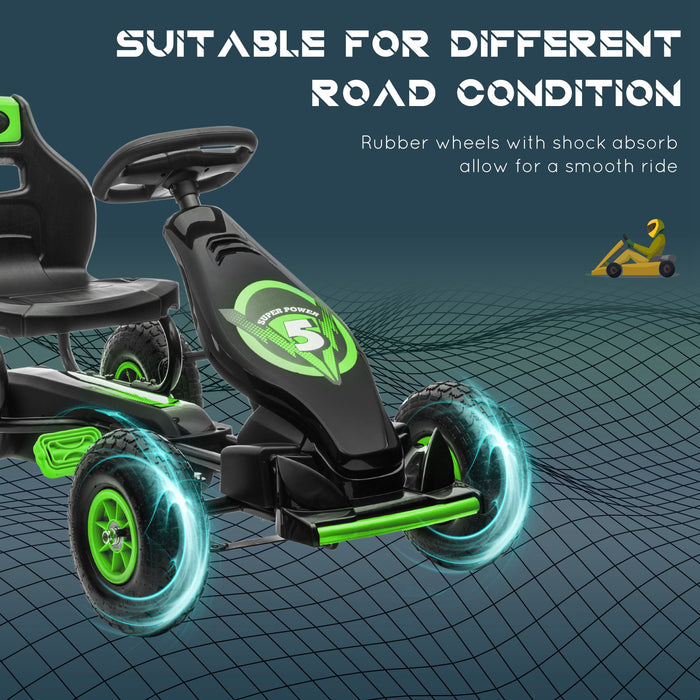 Pedal-Powered Racing Go Kart for Kids - Adjustable Seat, Inflatable Tyres, Shock Absorption, Handbrake - Ideal Outdoor Fun for Boys and Girls Ages 5-12, Vibrant Green Color