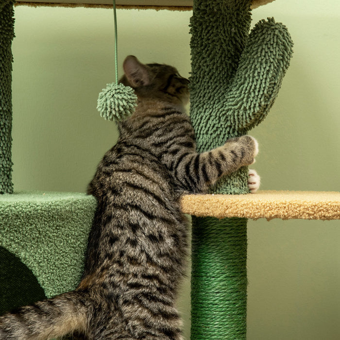 Cactus-Themed Cat Climbing Tower - 90cm Multi-Level Kitten Activity Centre with Cozy Teddy Fleece House, Comfy Bed, Durable Sisal Scratching Posts, and Fun Hanging Ball - Ideal for Playful Cats and Kittens