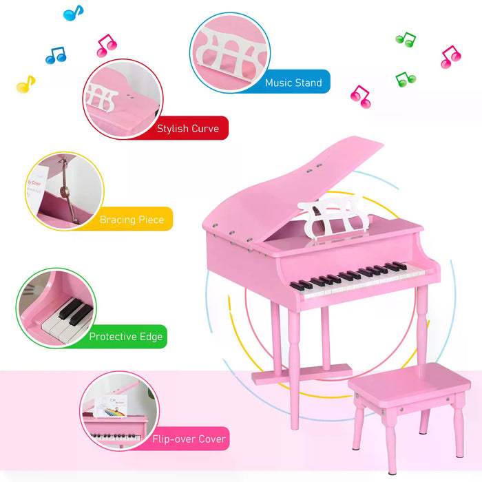 Kids' 30-Key Grand Piano Playset with Bench - Miniature Musical Instrument Toy with Music Stand - Ideal for Aspiring Young Musicians and Perfect Gift for Children in Pink