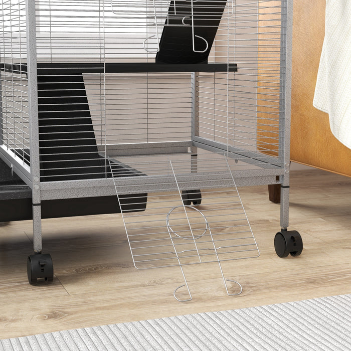 Pet Play House Cage for Small Animals - Wheeled Design with Multiple Platforms, Light Grey - Ideal for Active Pets Needing Space & Mobility