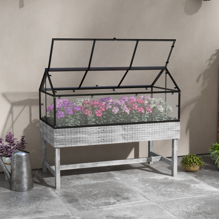 Elevated Wooden Garden Bed with Mini Greenhouse - 120x60x103cm Planter with Polycarbonate Panel and Ventilation - Ideal for Urban Gardening in Distressed Grey