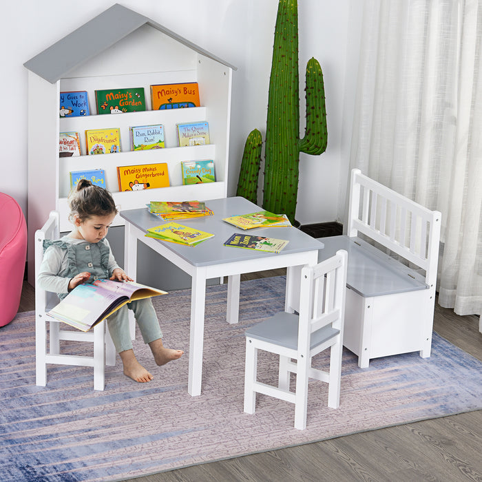 Kids Playroom Furniture Set - 4-Piece Table with 2 Chairs & Storage Bench, Modern Grey/White Design - Ideal for Children’s Activities & Organizing Toys