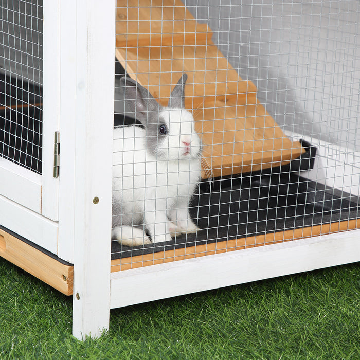 2-Tier Rabbit Hutch - Spacious Wooden Pet Cage with Sliding Tray and Ramp for Guinea Pigs and Small Animals - Outdoor Use, 157.4x53x93.5cm, Yellow