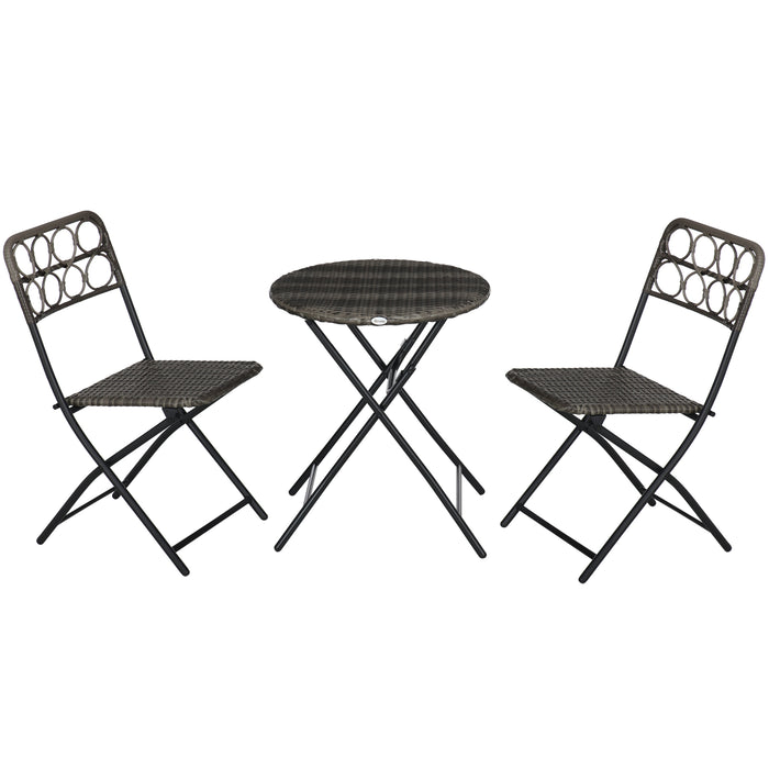 3 PCS Wicker Bistro Set - Hand Woven, Easy Folding Rattan Furniture with Coffee Table and Chairs - Perfect for Outdoor, Lawn, Pool, Balcony & Garden Use, Grey