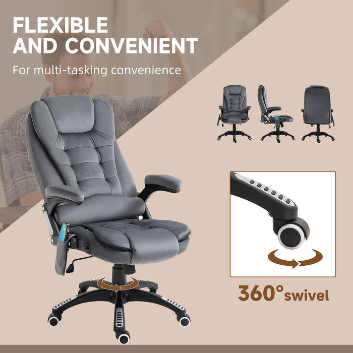 Ergonomic Heated Office Chair with Six-Point Massage Function - Plush Velvet Reclining Swivel Chair with 360-Degree Wheels, Grey - Ultimate Comfort for Home or Office Use