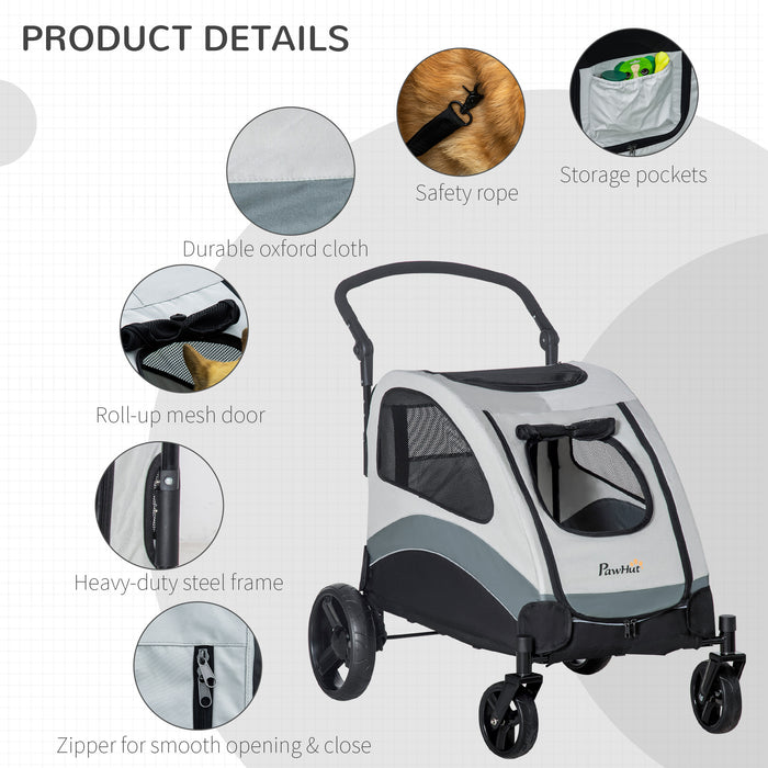 4-Wheel Pet Stroller for Medium Dogs & Cats - Safety Leash, Zipper Doors, Mesh Windows, Storage Bag in Grey - Ideal for Safe & Comfortable Pet Travel