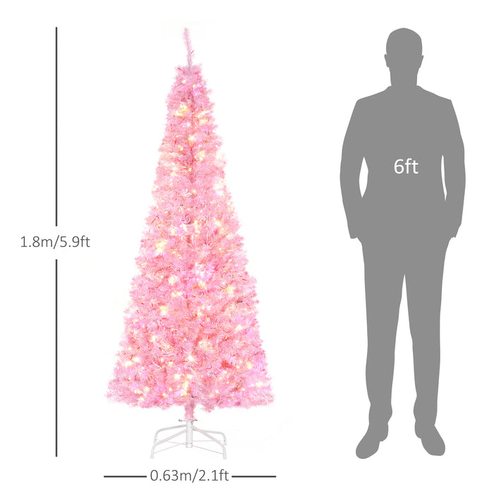 Pencil Slim 6-Ft Artificial Christmas Tree with Realistic Tips - Pre-Lit with 300 Warm White LEDs, 618 Branch Tips - Chic Pink Xmas Decor for Small Spaces