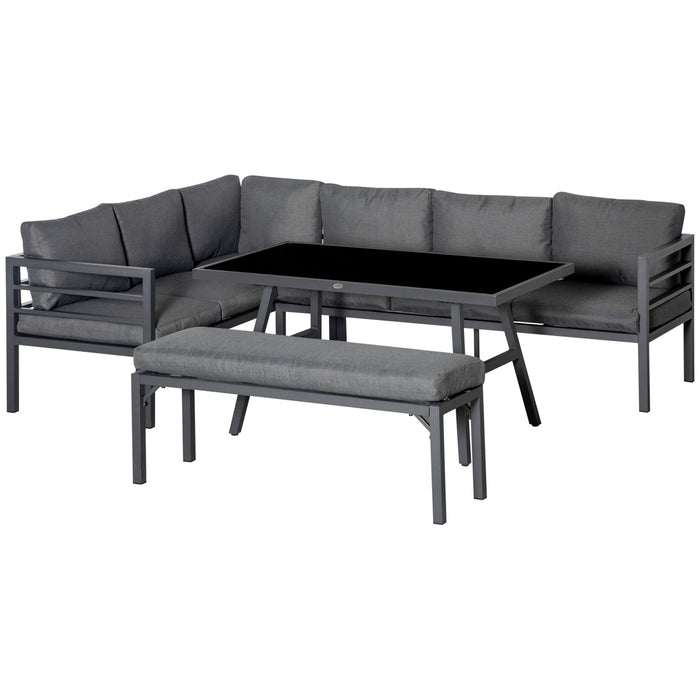 8-Seater Aluminium Garden Furniture Set - Outdoor Dining and Sofa Combination with Bench, Table, and Grey Cushions - Perfect for Patio Entertainment and Family Gatherings