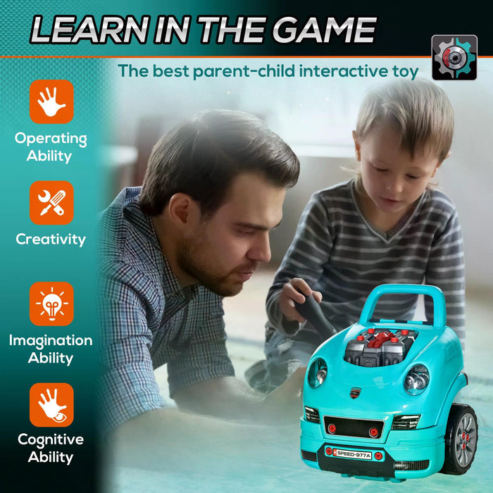 Educational Take-Apart Truck Engine Playset - Interactive Service Station Toy with Steering Wheel for Kids - Ideal Learning Tool for 3-5 Year Olds, Teal Green
