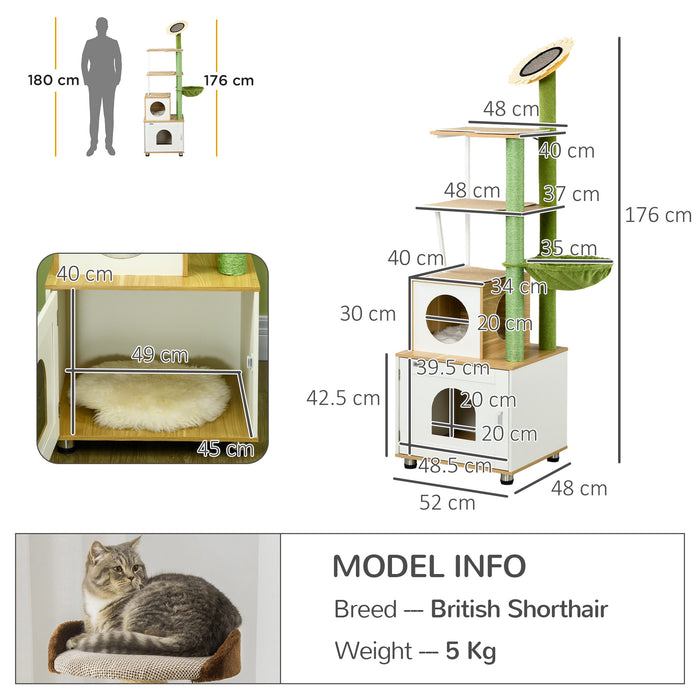 Cat Tree Litter Box Combo - Indoor Cat Enclosure with Scratching Post, Condo, Hammock & Cushioned Platforms - Ideal for Cat Relaxation and Play in Oak Finish