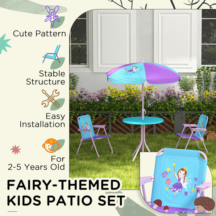 Kids Fairy-Themed Picnic Table Set - Foldable Chairs & Adjustable Parasol for Outdoor Use - Perfect Garden Furniture for Children's Parties and Playdates
