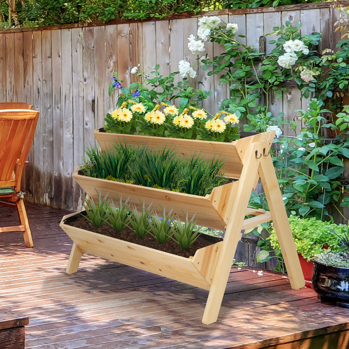 3 Tier Wooden Garden Planter - Raised Vertical Plant Bed with Clapboard and Hooks, 120cm x 68cm x 80cm - Ideal for Small Space Gardening