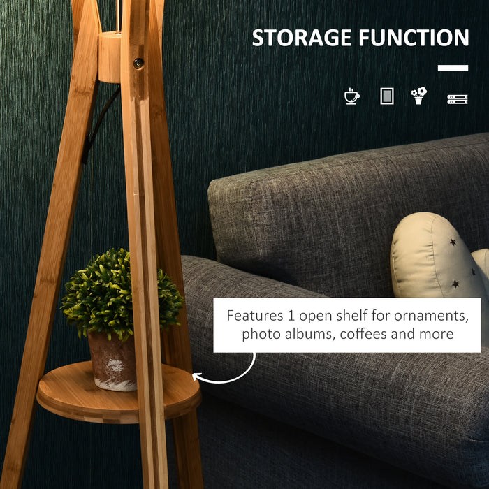 Tripod Floor Lamp with E27 Base and Shelf - Natural Wood & Beige Fabric Shade for Ambient Lighting - Ideal for Bedroom and Living Room with Convenient Foot Switch
