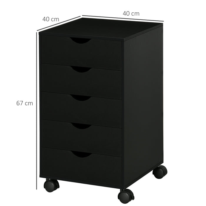 Mobile Vertical File Cabinet with 5 Drawers - Modern Rolling Filing Unit & Printer Stand for Home Office - Black Storage Organizer for Documents