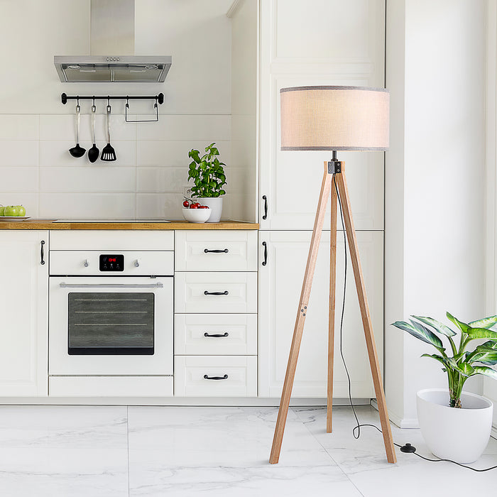 Elegant 5ft Wooden Tripod Floor Lamp - E27 Bulb Compatible with Versatile Home and Office Use - Free Standing Design in Beige