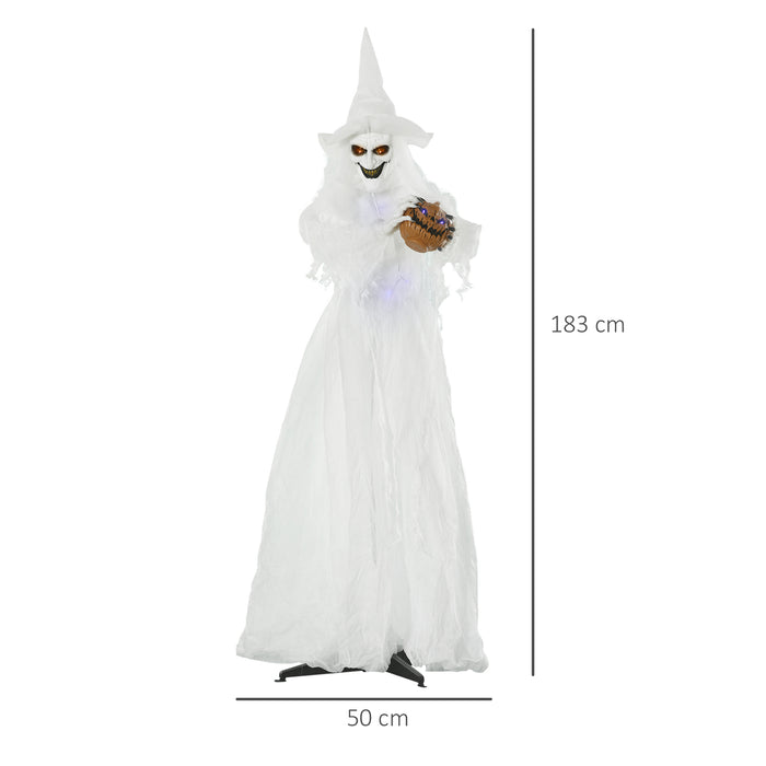 White Witch with Pumpkin Head - 72" Halloween Decoration, Light-Up Eyes, Motion-Activated Standing Skeleton Ghost Prop - Ideal for Haunted House and Seasonal Decor