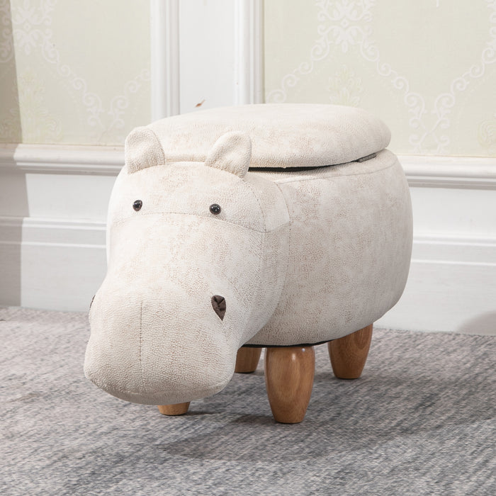 Hippo Storage Stool with Padded Lid - Adorable Animal Shaped Ottoman, Footrest, and Organizer with Wooden Frame Legs, Cream - Ideal for Kids Room and Playful Home Decor, 36 x 65cm