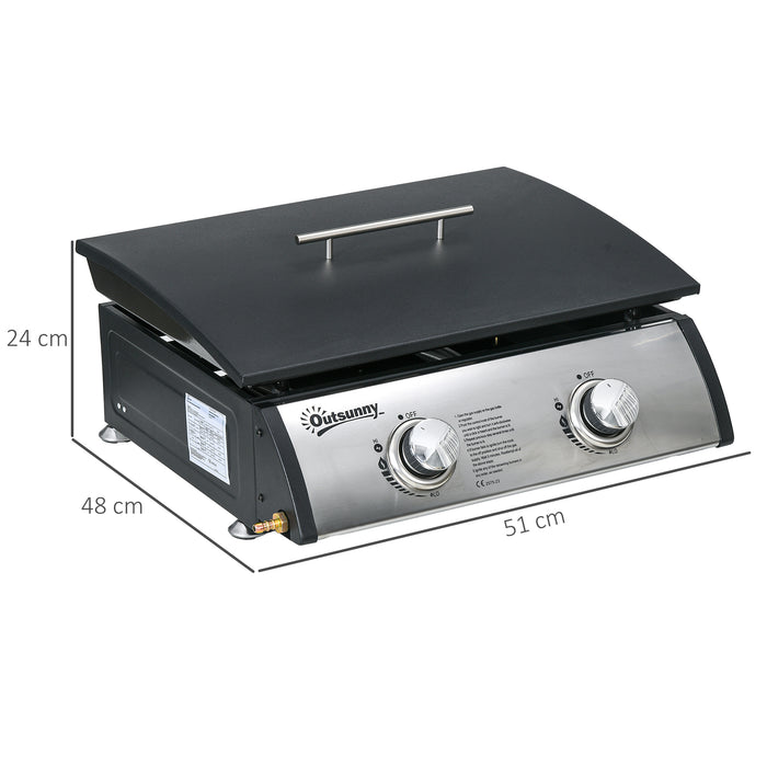 2 Burner Portable Gas Plancha Grill - 10kW Stainless Steel with Non-Stick Griddle - Ideal for BBQ, Camping, and Picnic Parties