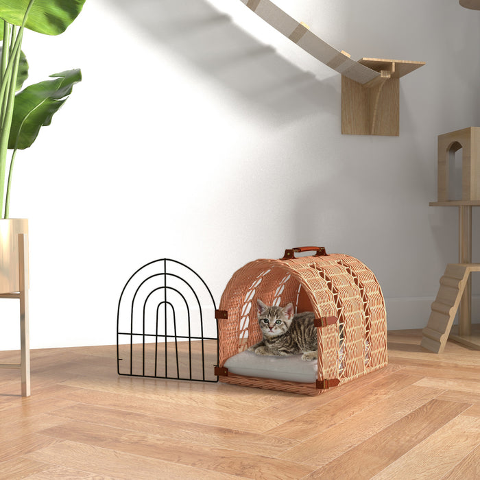 Wicker Cat Carrier Basket with Soft Cushion - Portable Kitten Bed and Pet Cave House, 37x28x29 cm in Orange - Ideal for Comfortable and Cozy Pet Travel & Napping
