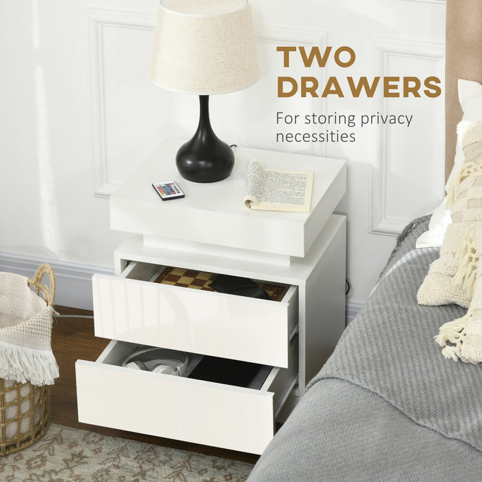 White LED-Illuminated Bedside Cabinets - High Gloss 2-Drawer Nightstand - Perfect for Bedroom and Living Room Storage Solutions