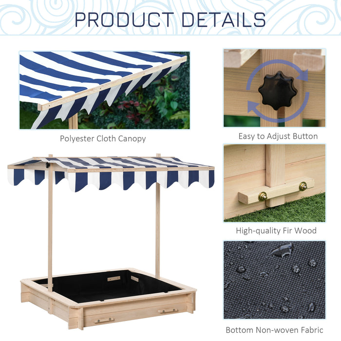 Kids Square Wooden Sandpit with Adjustable Canopy - Outdoor Backyard Cabana Sandbox Play Station, 106x106x121cm - Ideal Playset for Children's Creative Play and Sun Protection