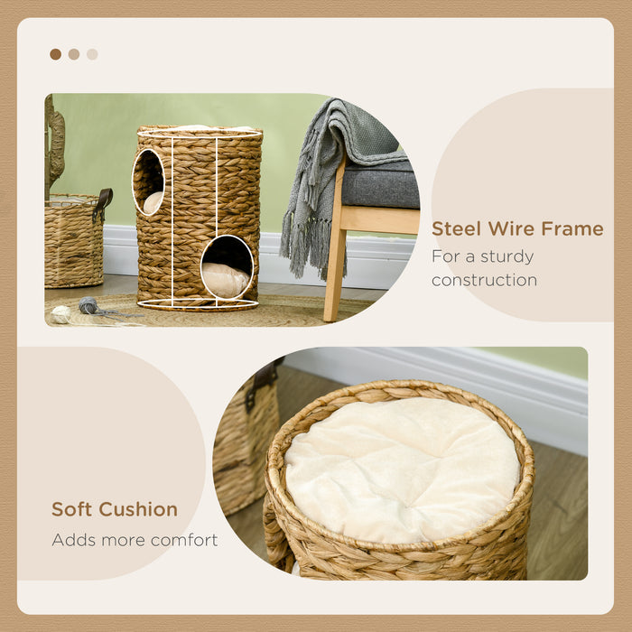 Cat Barrel Tree with Double Cat Houses - 47cm Indoor Kitten Tower with Cushion - Perfect for Play and Rest, Light Brown