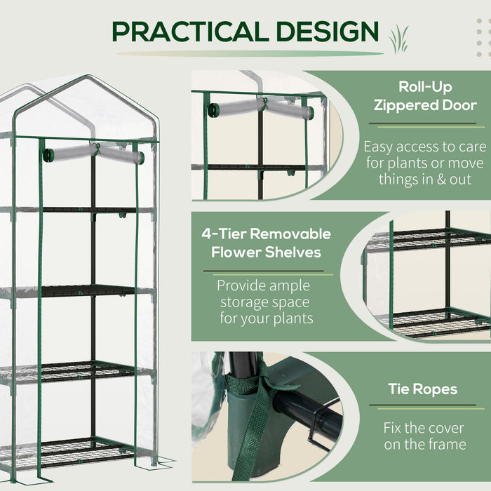 4-Tier Mini Greenhouse - Portable Metal Frame with Clear Transparent Cover, 160H x 70L x 50W cm - Ideal for Growing Plants & Seedling Protection