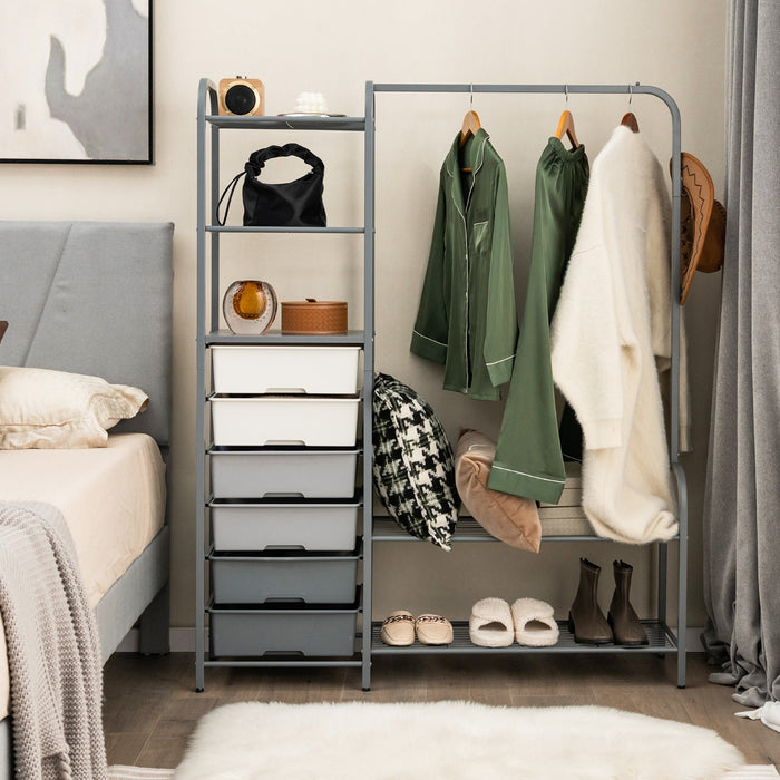 Heavy Duty Rack - Clothes Storage with 6 Removable Drawers and 3-Tier Open Shelves in Grey - Ideal for Organizing Wardrobe and Solving Space Issues