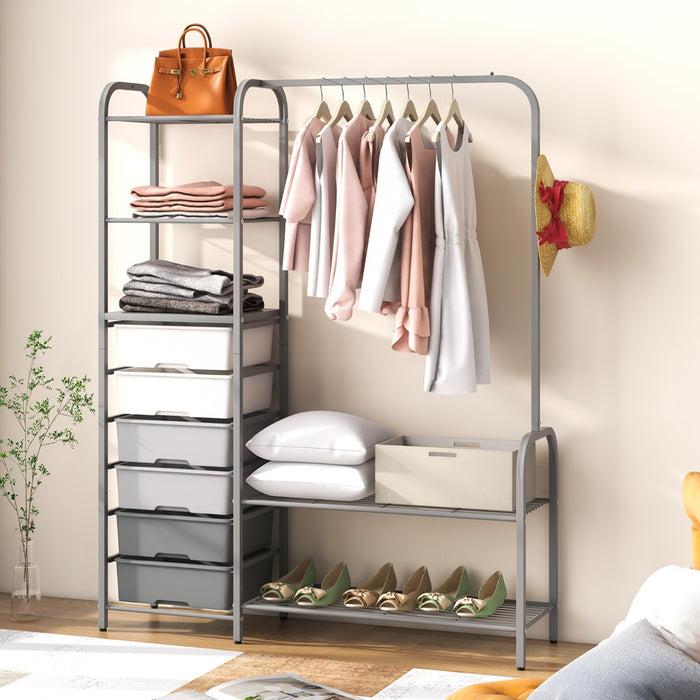 Heavy Duty Rack - Clothes Storage with 6 Removable Drawers and 3-Tier Open Shelves in Grey - Ideal for Organizing Wardrobe and Solving Space Issues