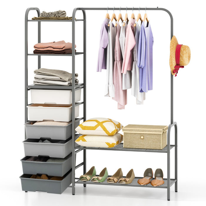 Heavy Duty Rack - Clothes Storage with 6 Removable Drawers and 3-Tier Open Shelves in Grey - Ideal for Organizing Wardrobe and Solving Space Issues
