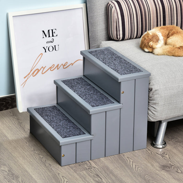 3-Step Wooden Pet Stairs - Dog and Cat Friendly Steps with Non-Slip Carpet Treads, Grey - Ideal for Small to Medium Sized Pets Accessing Beds and Sofas