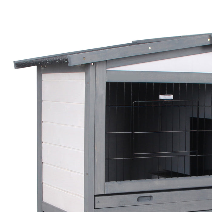 Wooden 2-Tier Rabbit Hutch with Ramp - Small Animal Cage with Slide-Out Tray and Openable Roof, Outdoor Run - Ideal for Rabbits and Small Pets, Grey, 101.5 x 90 x 100 cm