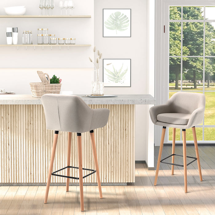 Modern Upholstered Beige Bar Stools - Set of 2 Chairs with Solid Wood Legs and Metal Frame - Elegant Seating for Dining Room or Kitchen