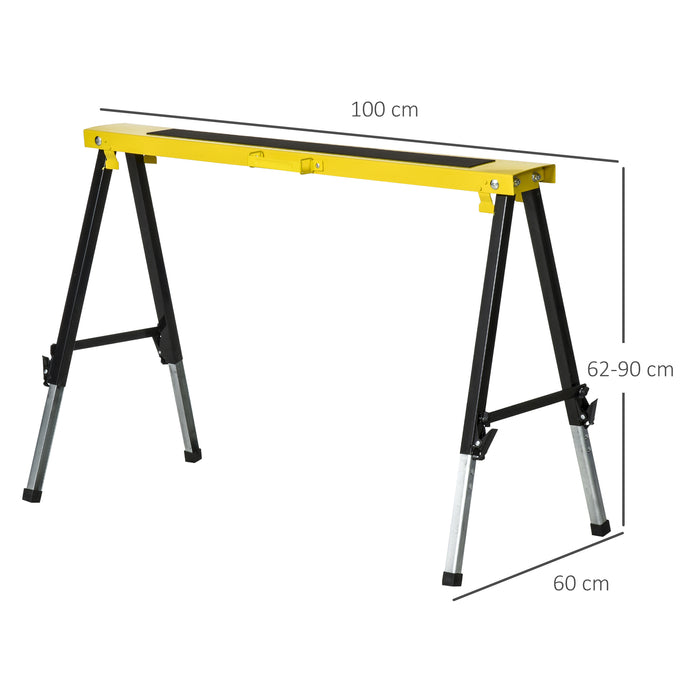 Folding Metal Saw Horse Twin Pack - Adjustable Workbench Trestle Stands with EVA Surface, 100kg Max Load - Ideal for Sawing and Woodworking Tasks