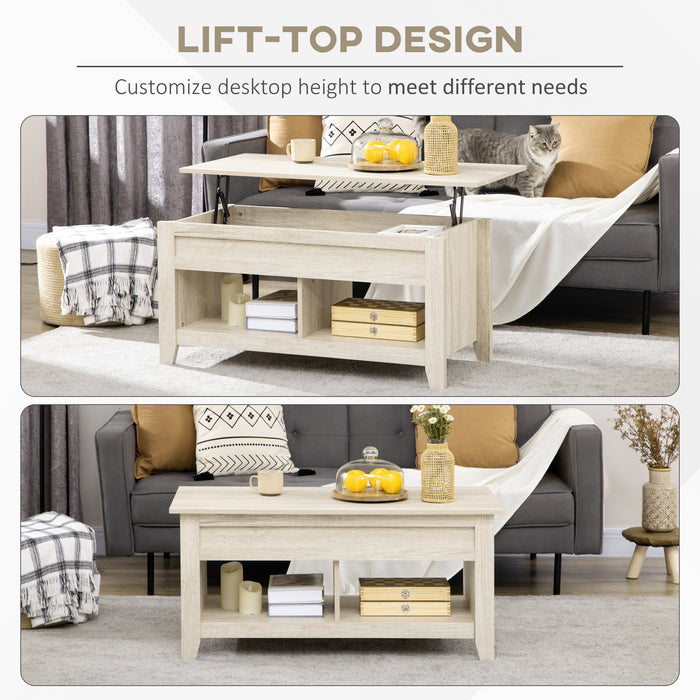Lift-Top Oak Coffee Table - Hidden Storage, Pop-Up Tabletop, and Open Shelving - Versatile Living Room Centerpiece