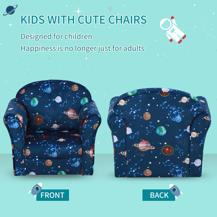 Kids Planet-Themed Cozy Armchair - Sturdy Wood Construction with Non-Slip Feet in Blue - Perfect Seating for Children's Rooms