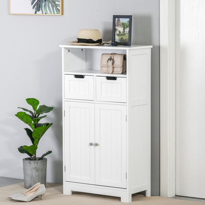 Freestanding Bathroom Cabinet with Adjustable Shelves - Slim Storage Cupboard Organizer with 2 Drawers - Ideal for Small Spaces and Clutter Reduction in White