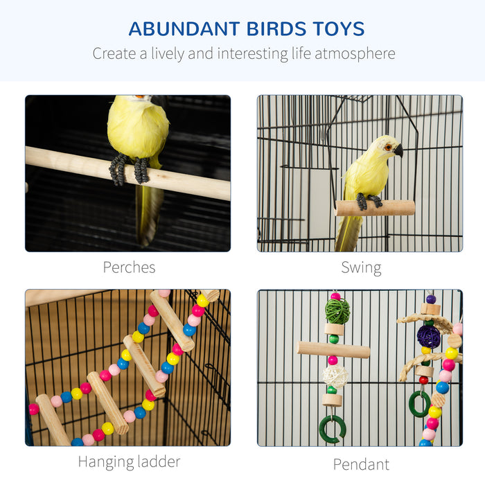 Aviary Home for Small Birds - Budgie, Finch, and Canary Cage with Perches, Toys, and Slide-Out Tray - Portable Design with Carrying Handle, 46x36x100cm, Elegant Black