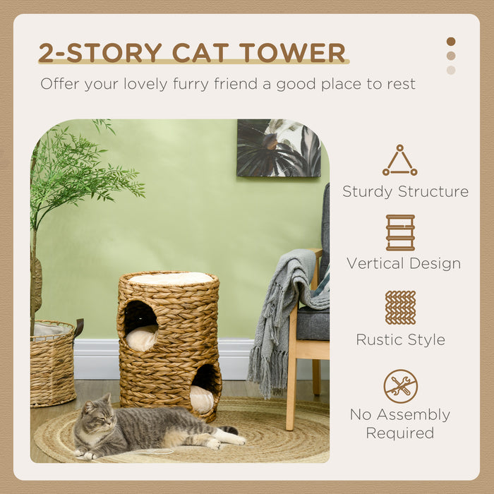 Cat Barrel Tree with Double Cat Houses - 47cm Indoor Kitten Tower with Cushion - Perfect for Play and Rest, Light Brown